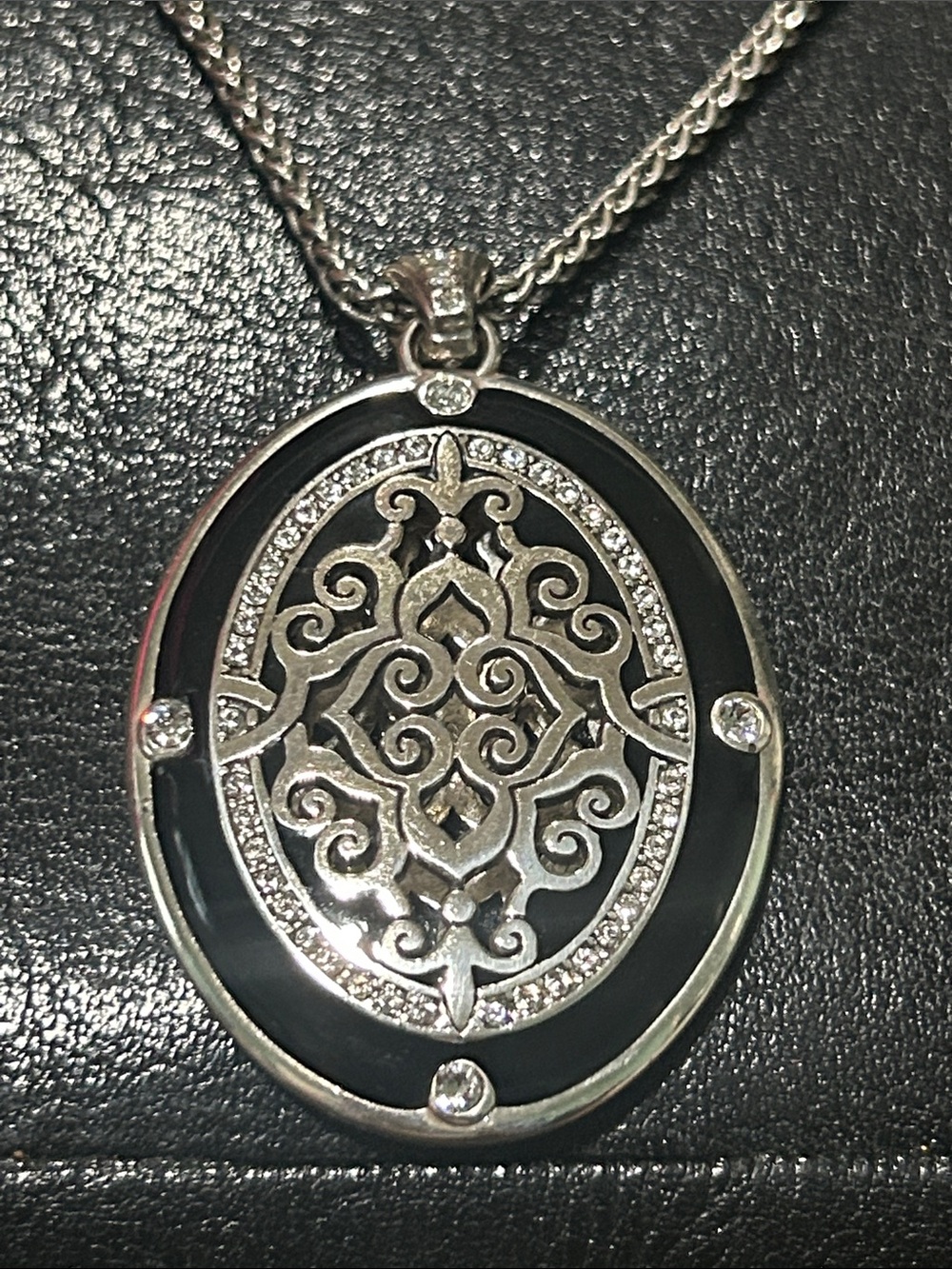 Brighton Silver Oval Filigree Pendant Necklace with Black Enamel Reversible gold